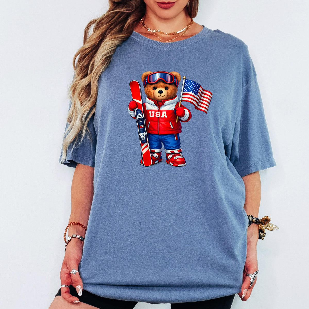 Comfort Colors® USA Ski Teddy Bear Shirt, Unisex Winter 2026 Sports Tee, Retro Apres Ski USA Shirt