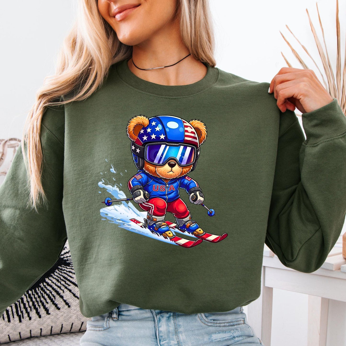 USA Winter 2026 Sweatshirt, USA Teddy Skiing Bear Sweatshirt, 2026 Winter Sports Crewneck, Italy Winter Sports Crewneck