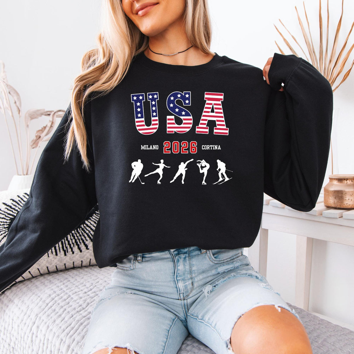 USA Winter Sports 2026 Sweatshirt, Red White Blue Snowflake Crewneck, Distressed Unisex Winter  Hoodie