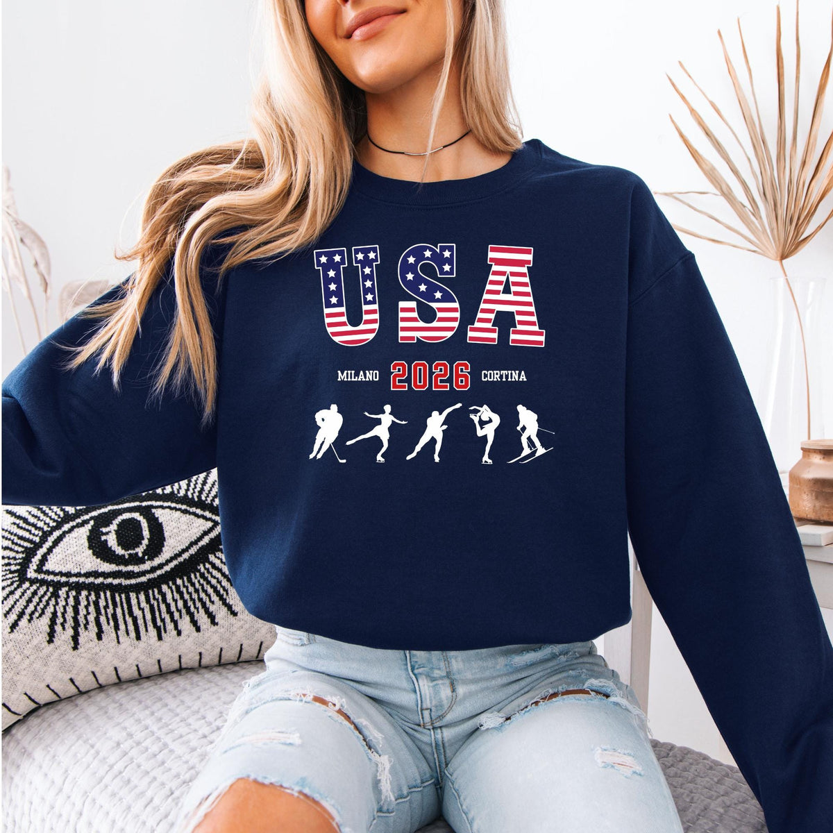 USA Winter Sports 2026 Sweatshirt, Red White Blue Snowflake Crewneck, Distressed Unisex Winter  Hoodie