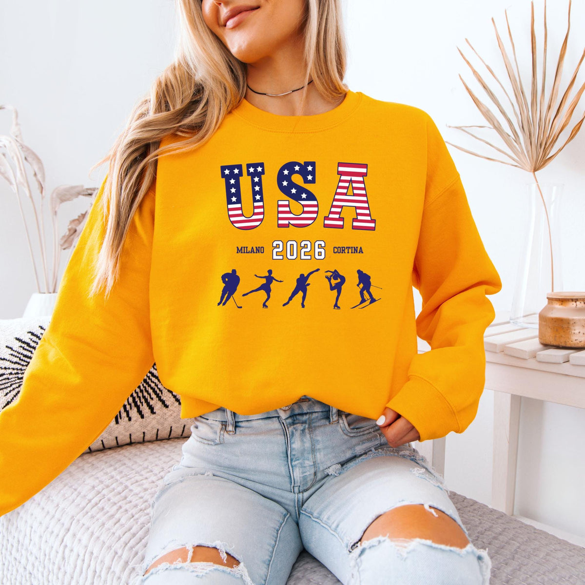 USA Winter Sports 2026 Sweatshirt, Red White Blue Snowflake Crewneck, Distressed Unisex Winter  Hoodie