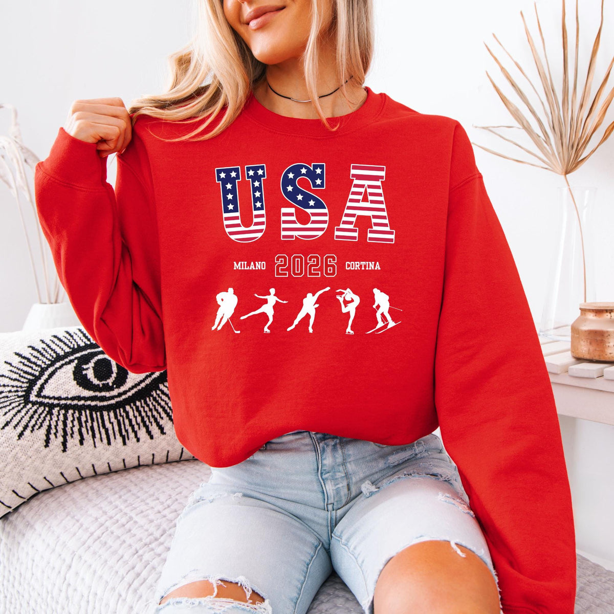 USA Winter Sports 2026 Sweatshirt, Red White Blue Snowflake Crewneck, Distressed Unisex Winter  Hoodie
