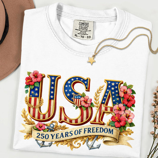 USA 250 Years Comfort Colors Shirt | Patriotic Floral America Tee | Freedom Anniversary Vintage Unisex