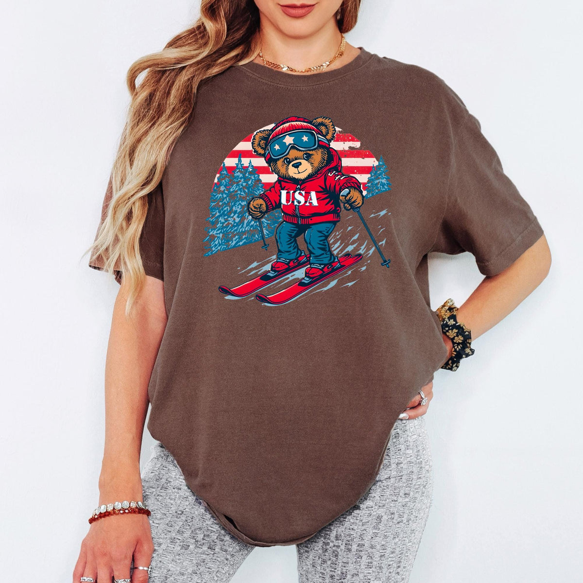 Comfort Colors® USA Winter Games 2026 Shirt, Ski Teddy Bear Graphic, Unisex Winter Sports Tee