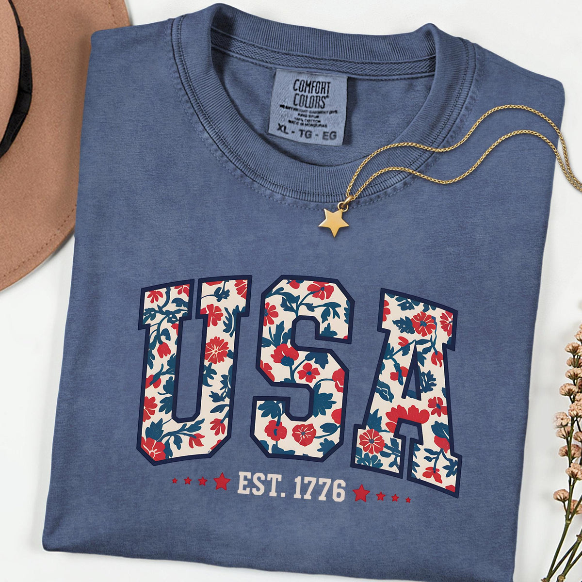 Comfort Colors® Floral USA 1776 Shirt, Patriotic Women’s Fourth of July Tee, Girly American Flag Independence Day Top