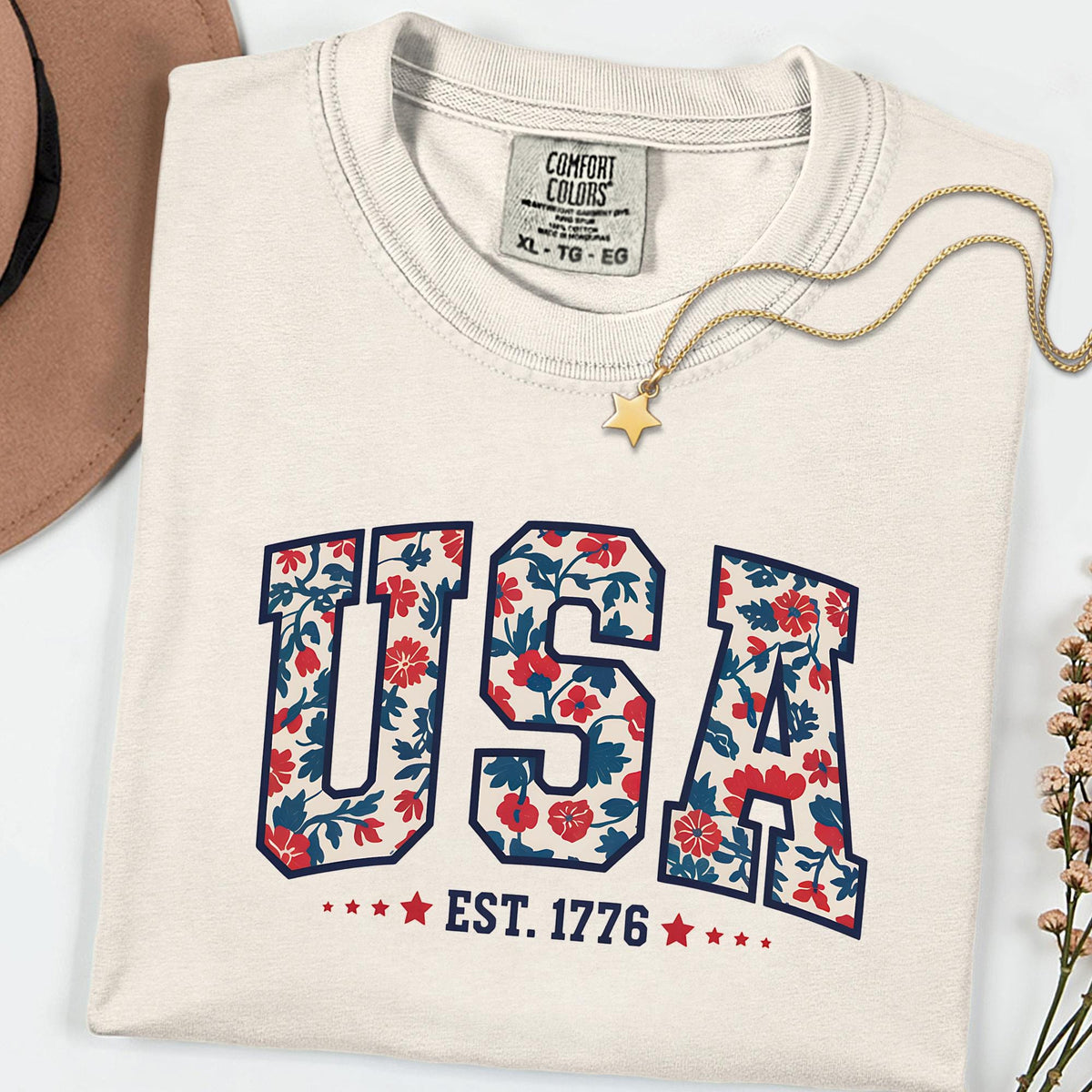 Comfort Colors® Floral USA 1776 Shirt, Patriotic Women’s Fourth of July Tee, Girly American Flag Independence Day Top