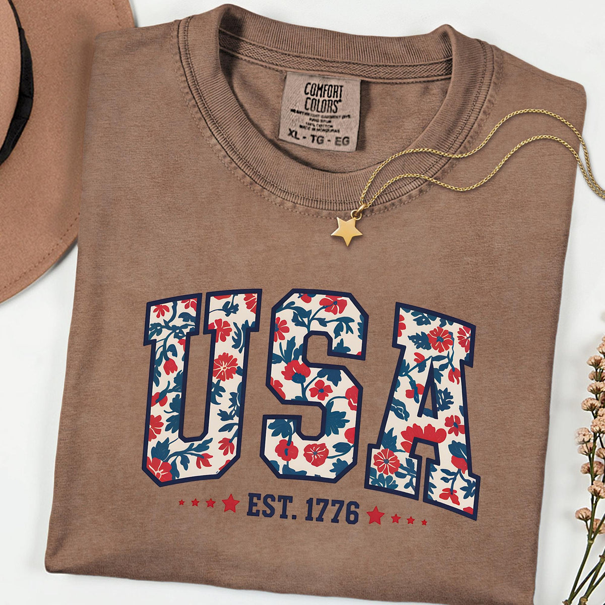 Comfort Colors® Floral USA 1776 Shirt, Patriotic Women’s Fourth of July Tee, Girly American Flag Independence Day Top