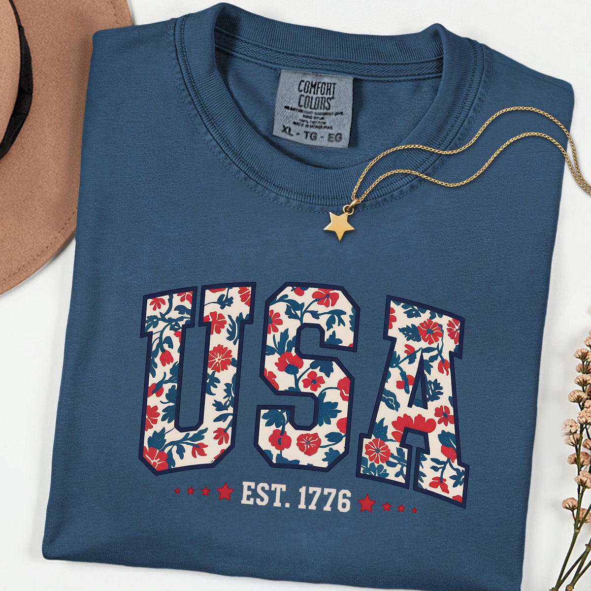 Comfort Colors® Floral USA 1776 Shirt, Patriotic Women’s Fourth of July Tee, Girly American Flag Independence Day Top