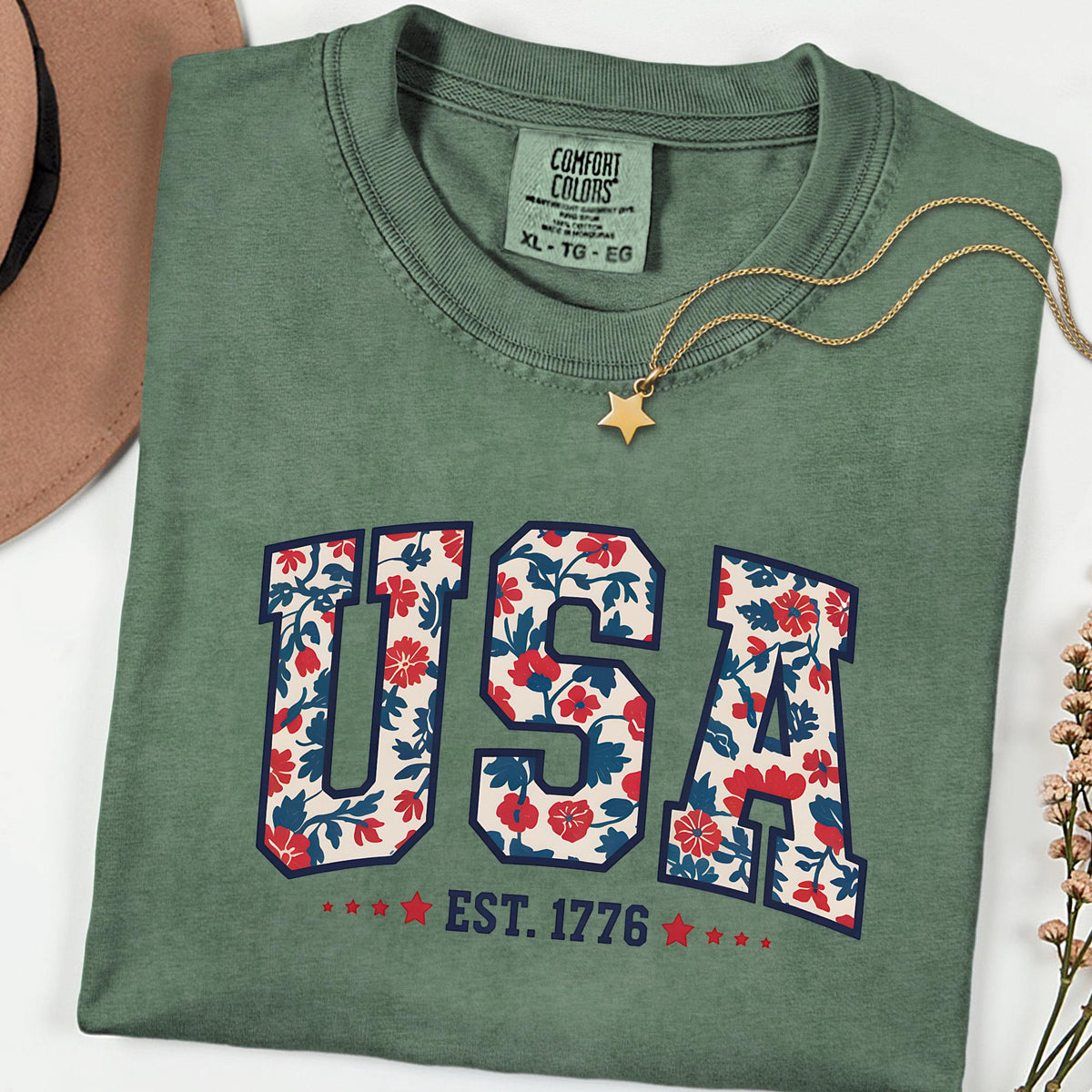 Comfort Colors® Floral USA 1776 Shirt, Patriotic Women’s Fourth of July Tee, Girly American Flag Independence Day Top