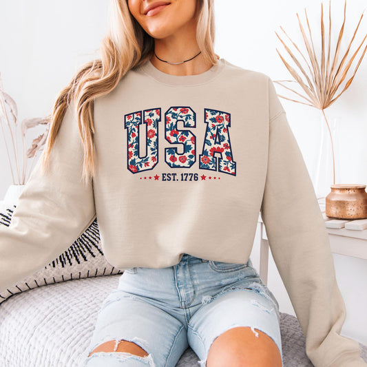 Floral USA Est 1776 Sweatshirt, Patriotic Women Crewneck, Girly Fourth of July Pullover, American Independence Day Top