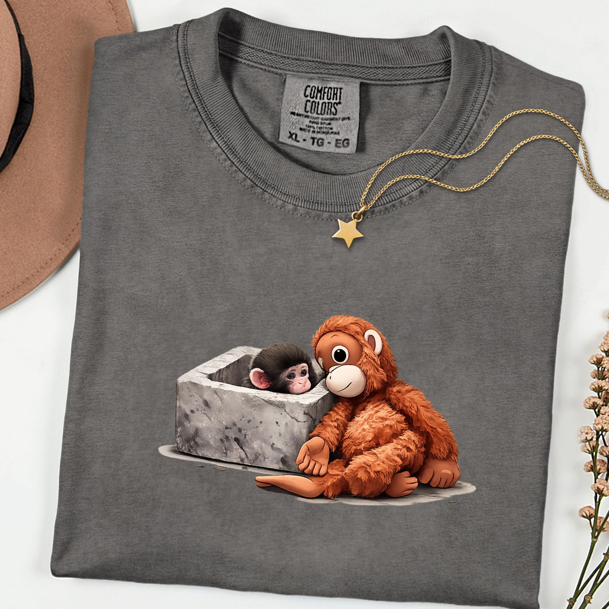 Comfort Colors® Baby Monkey Plush Graphic Tee – Emotional Animal Art Shirt, Vintage Aesthetic Wildlife Gift