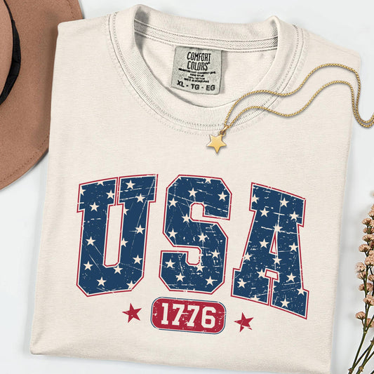 Comfort Colors® USA 1776 Vintage Shirt, Distressed Patriotic Graphic Tee, Red White Blue Fourth of July Top