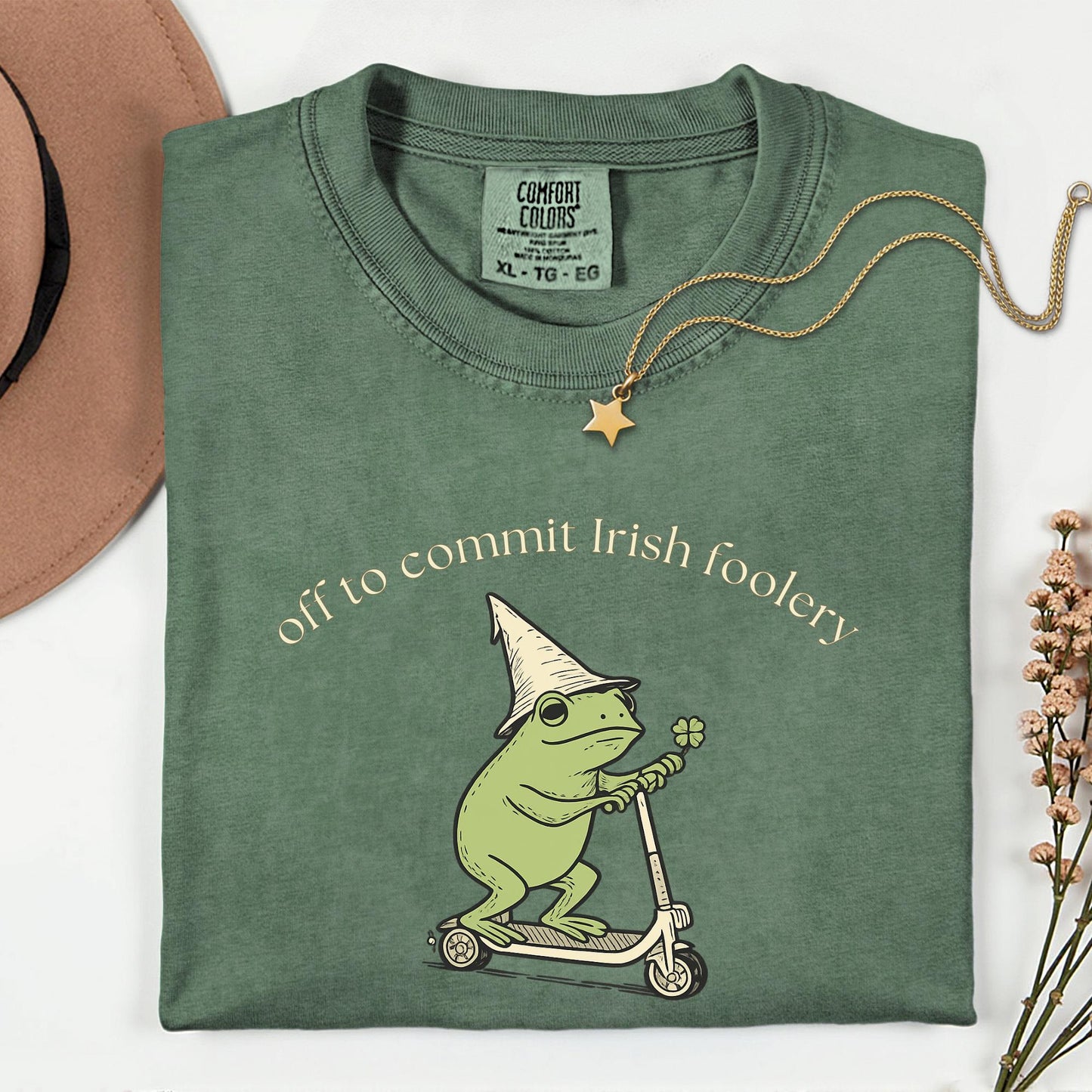 Custom Comfort Colors® St Patricks Day Frog Shirt Off to Commit Irish Foolery Tee Funny Frog Scooter St Paddys Day Four Leaf Clover Shirts