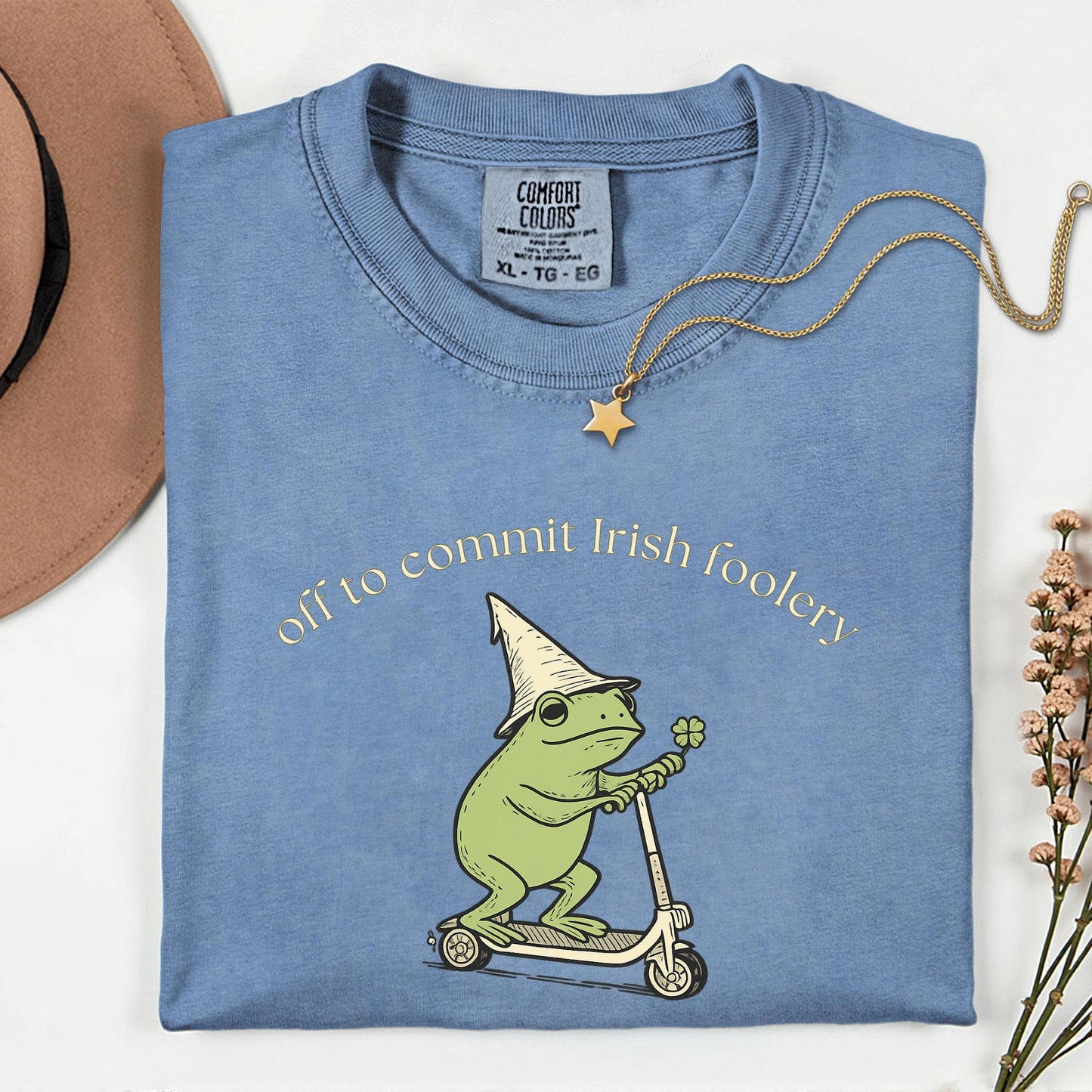 Custom Comfort Colors® St Patricks Day Frog Shirt Off to Commit Irish Foolery Tee Funny Frog Scooter St Paddys Day Four Leaf Clover Shirts