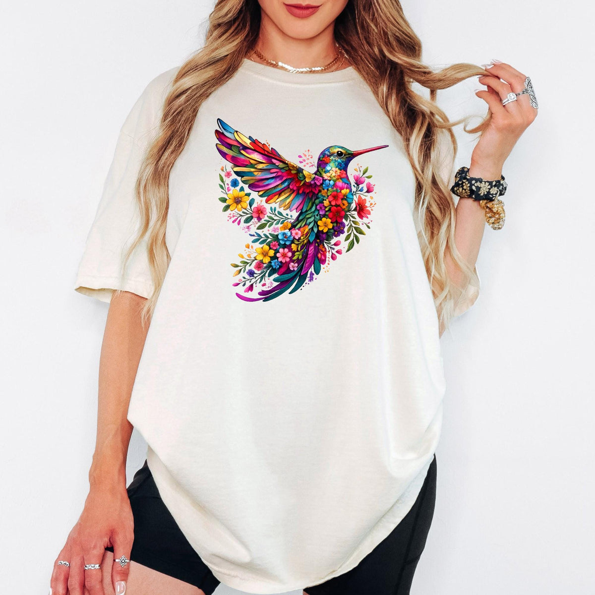 Floral Hummingbird Shirt Comfort Colors®, Watercolor Wildflower Bird Tee, Animal Lover Gift for Her, Spring Women Graphic T-Shirt