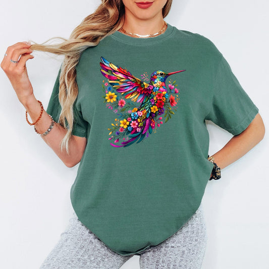 Floral Hummingbird Shirt Comfort Colors®, Watercolor Wildflower Bird Tee, Animal Lover Gift for Her, Spring Women Graphic T-Shirt