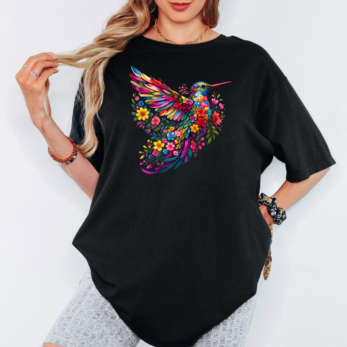 Floral Hummingbird Shirt Comfort Colors®, Watercolor Wildflower Bird Tee, Animal Lover Gift for Her, Spring Women Graphic T-Shirt