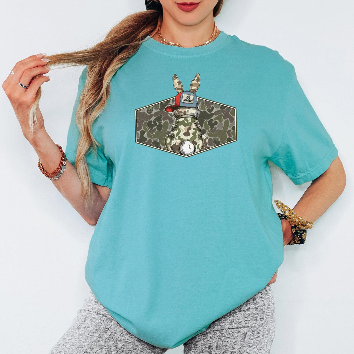 Comfort Colors® Egg Hunter Bunny Shirt, Camo Easter Graphic Tee, Funny Adult Spring Holiday Unisex T-Shirt