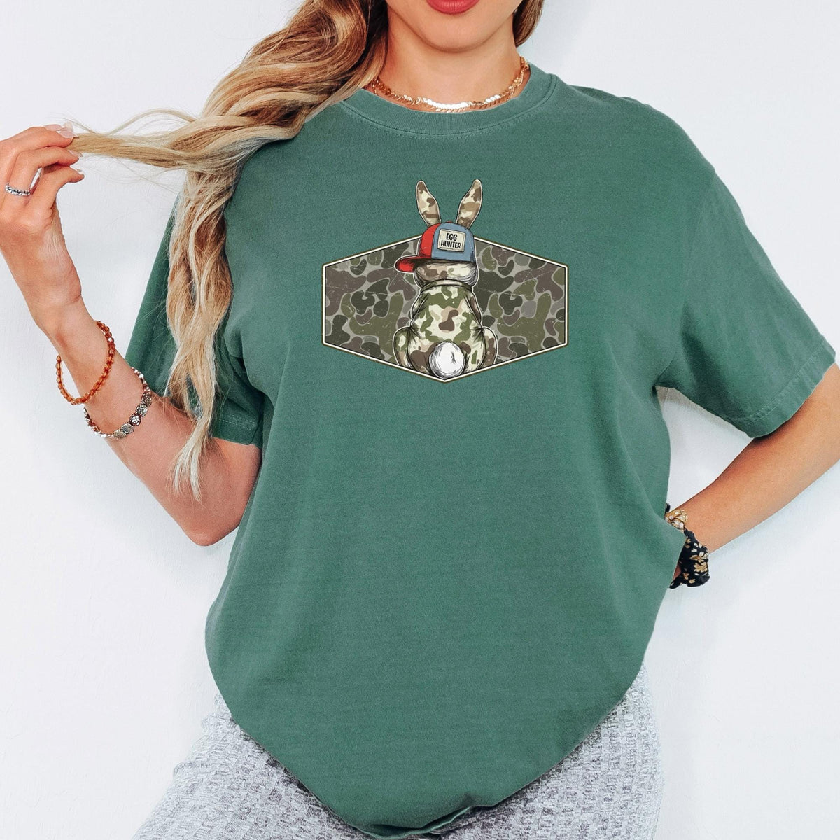 Comfort Colors® Egg Hunter Bunny Shirt, Camo Easter Graphic Tee, Funny Adult Spring Holiday Unisex T-Shirt