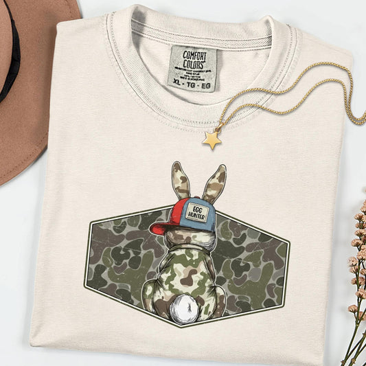 Comfort Colors® Egg Hunter Bunny Shirt, Camo Easter Graphic Tee, Funny Adult Spring Holiday Unisex T-Shirt