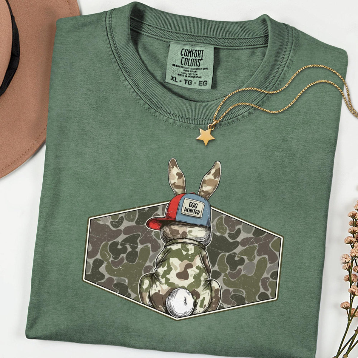 Comfort Colors® Egg Hunter Bunny Shirt, Camo Easter Graphic Tee, Funny Adult Spring Holiday Unisex T-Shirt