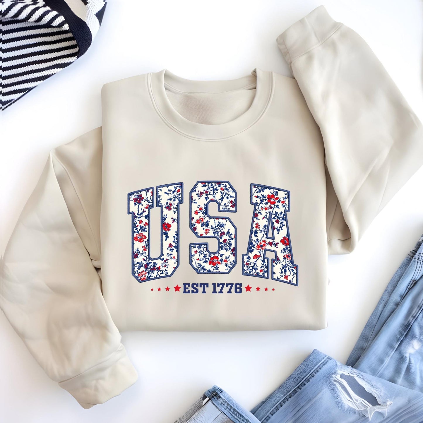 Floral USA Sweatshirt | Embroidery Look Crewneck | 1776 Patriotic Gift for Her | Girly Fourth of July Pullover