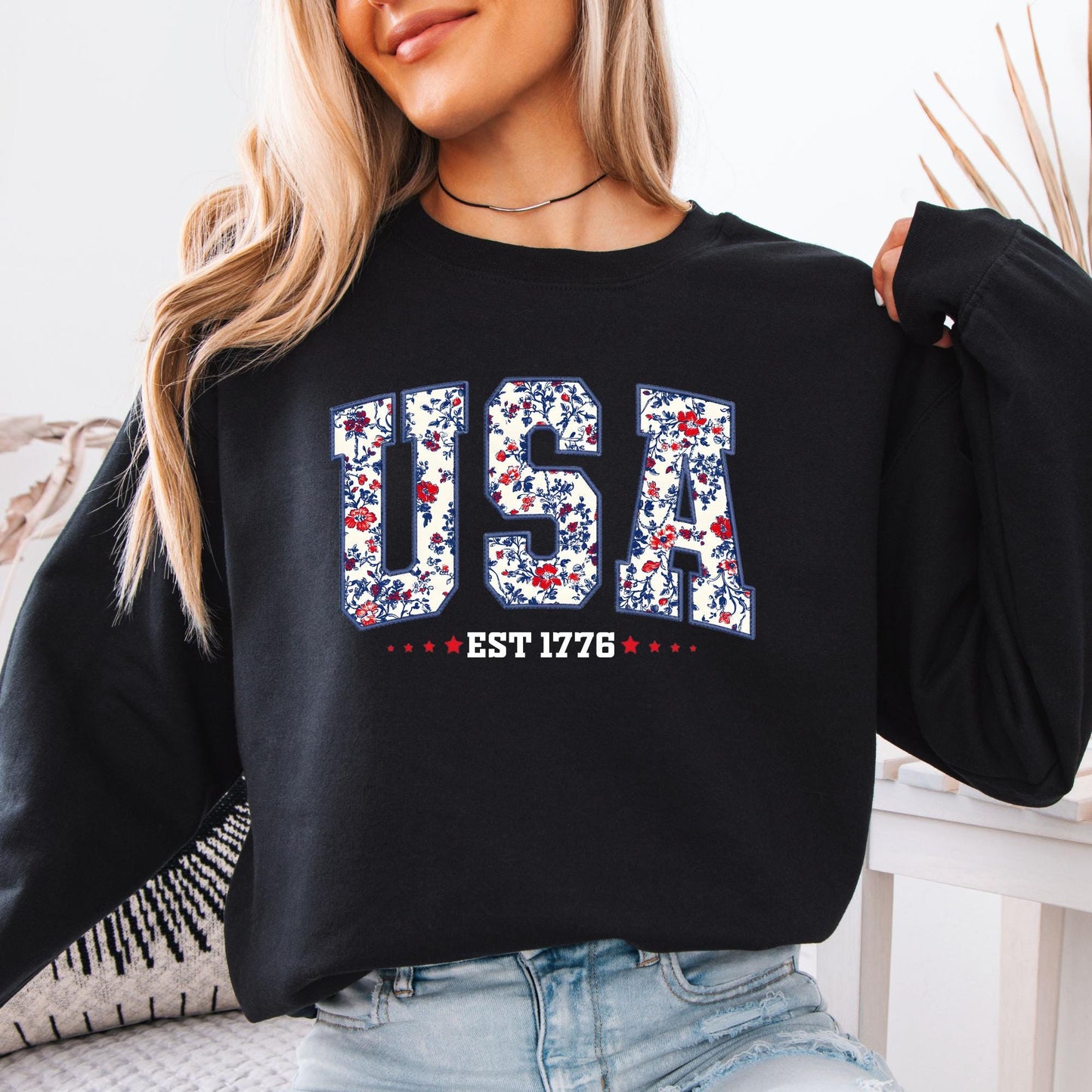 Floral USA Sweatshirt | Embroidery Look Crewneck | 1776 Patriotic Gift for Her | Girly Fourth of July Pullover