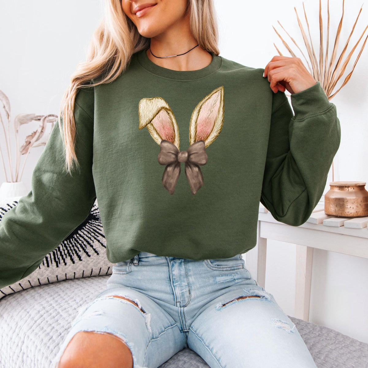 Coquette Bow Bunny Sweatshirt, Cute Easter Hoodie, Happy Easter Day Gift for Women, Spring Rabbit Top