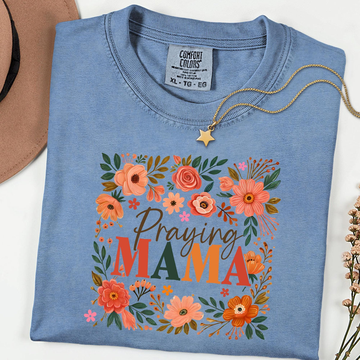 Comfort Colors® Praying Mama Shirt, Floral Faith Mom Tee, Christian Mother’s Day Gift, Inspirational Church Outfit for Women