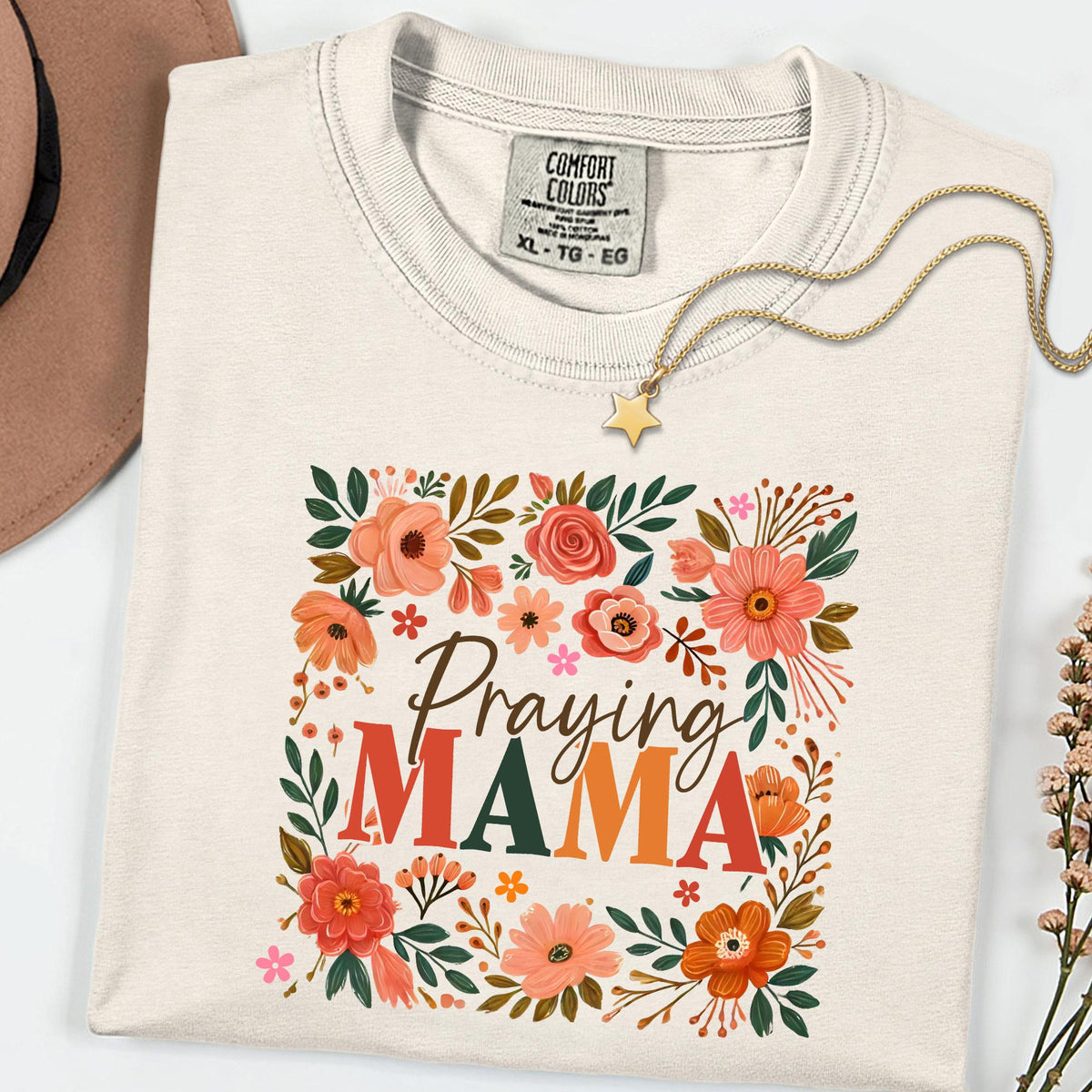 Comfort Colors® Praying Mama Shirt, Floral Faith Mom Tee, Christian Mother’s Day Gift, Inspirational Church Outfit for Women
