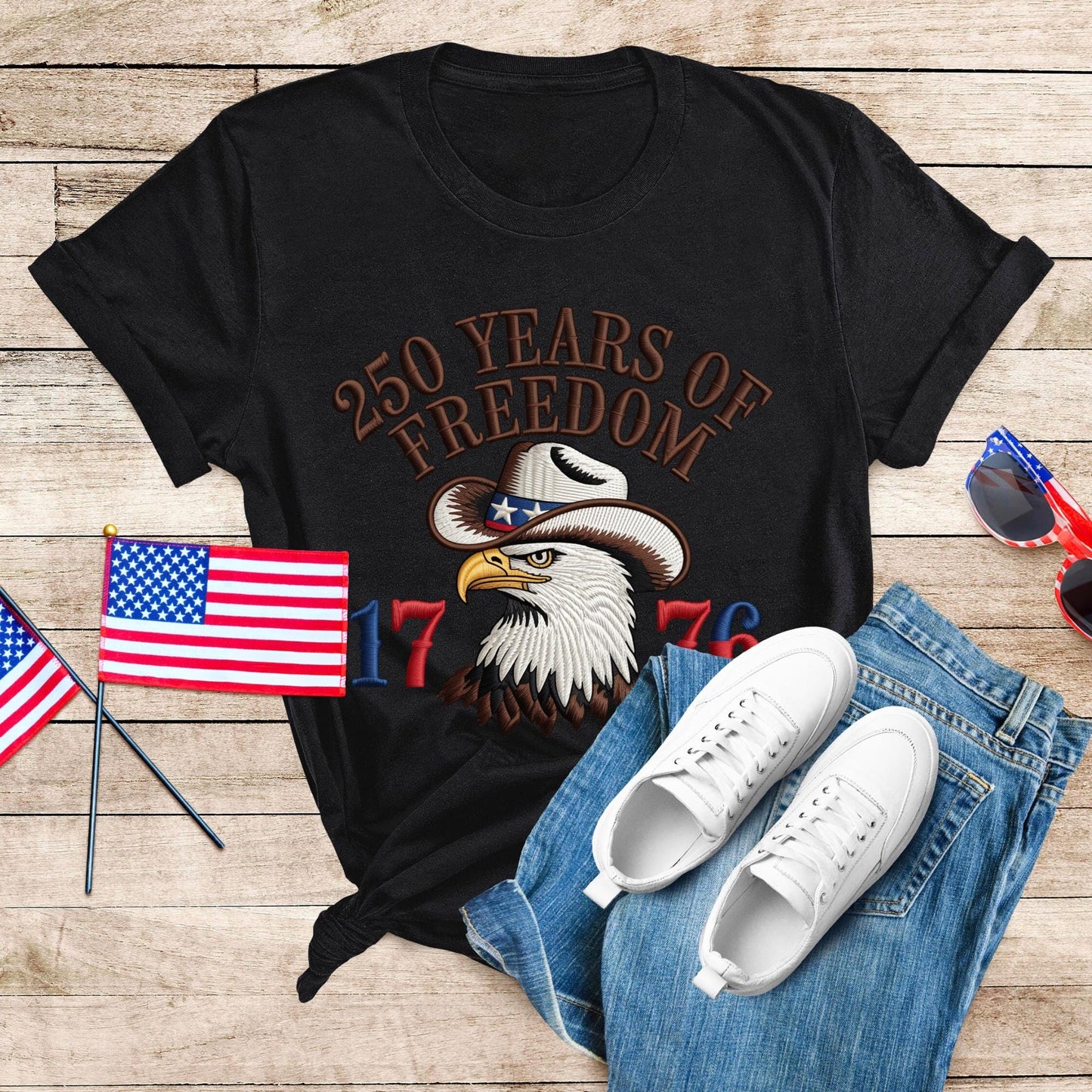 250 Years of Freedom 1776 Shirt,  Embroidery-Look Print USA Shirts, American Patriotic Tee 4th of July Gift