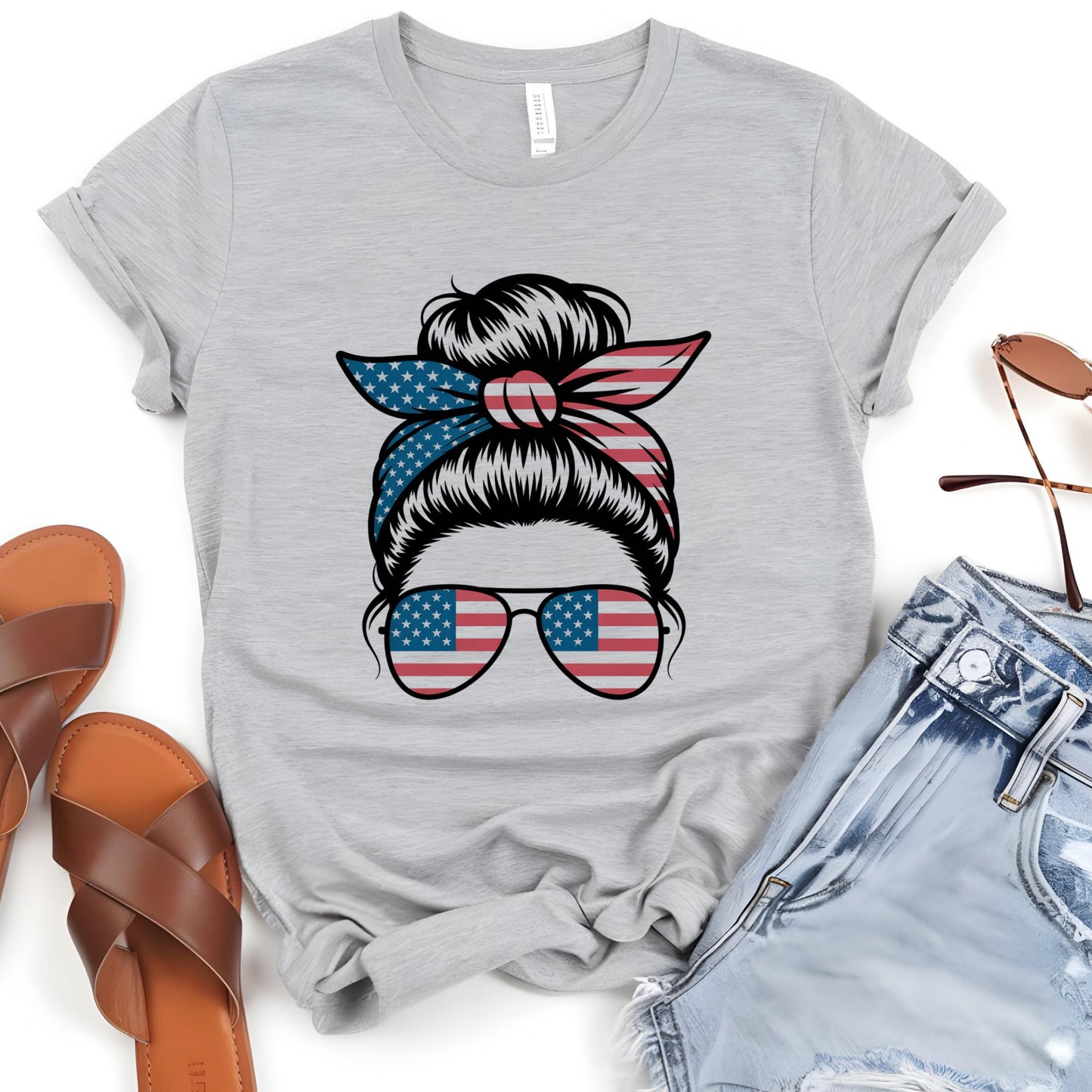 American Mama Shirt, USA Messy Bun  T-shirt, Mothers Day 4th of July Gift