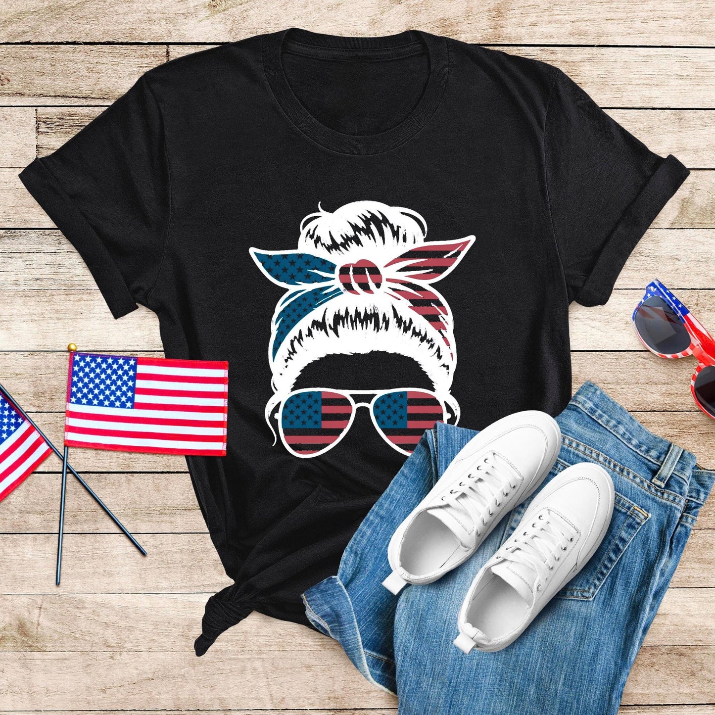 American Mama Shirt, USA Messy Bun  T-shirt, Mothers Day 4th of July Gift