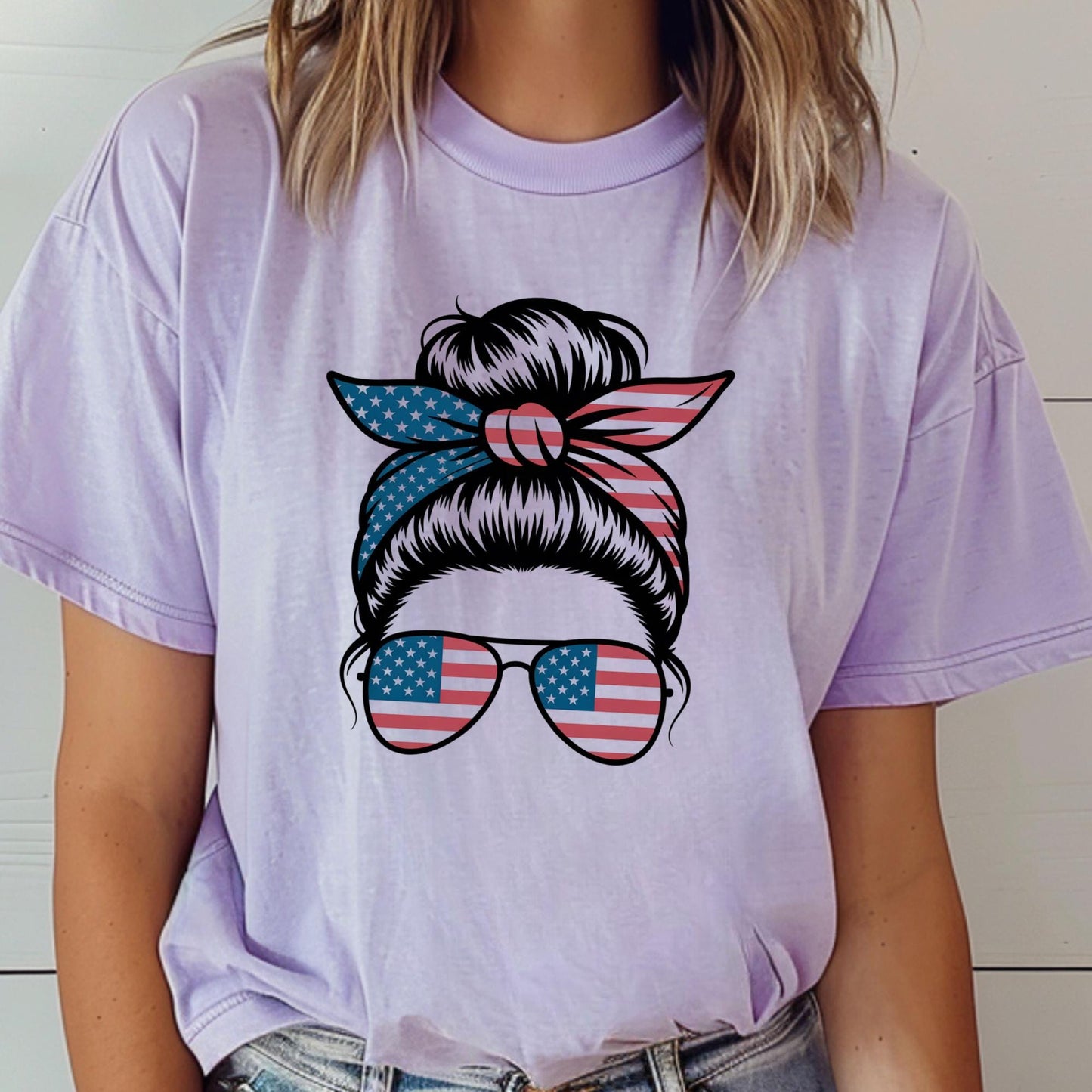 Comfort Colors® USA Messy Bun Shirt: American Flag 4th of July Tee Mothers Day Gift