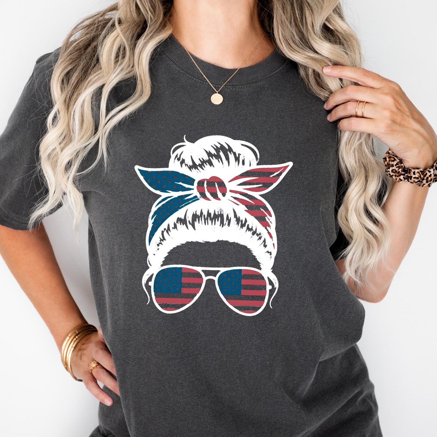 Comfort Colors® USA Messy Bun Shirt: American Flag 4th of July Tee Mothers Day Gift
