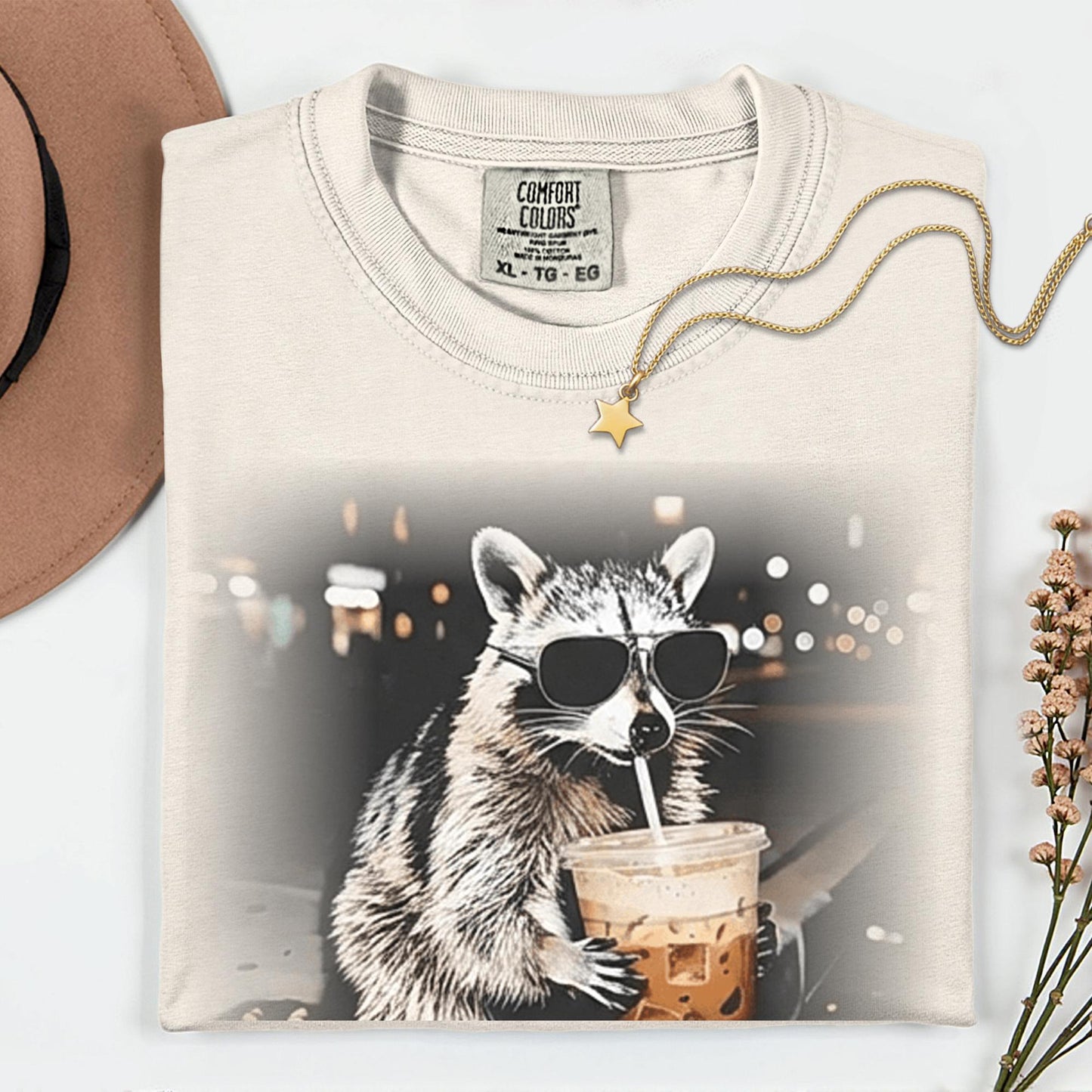 Comfort Colors® Raccoon Drinking Iced Coffee Shirt | Animal Meme Tee | Funny Coffee Lover Raccoon Shirt | Unisex Graphic T Shirt