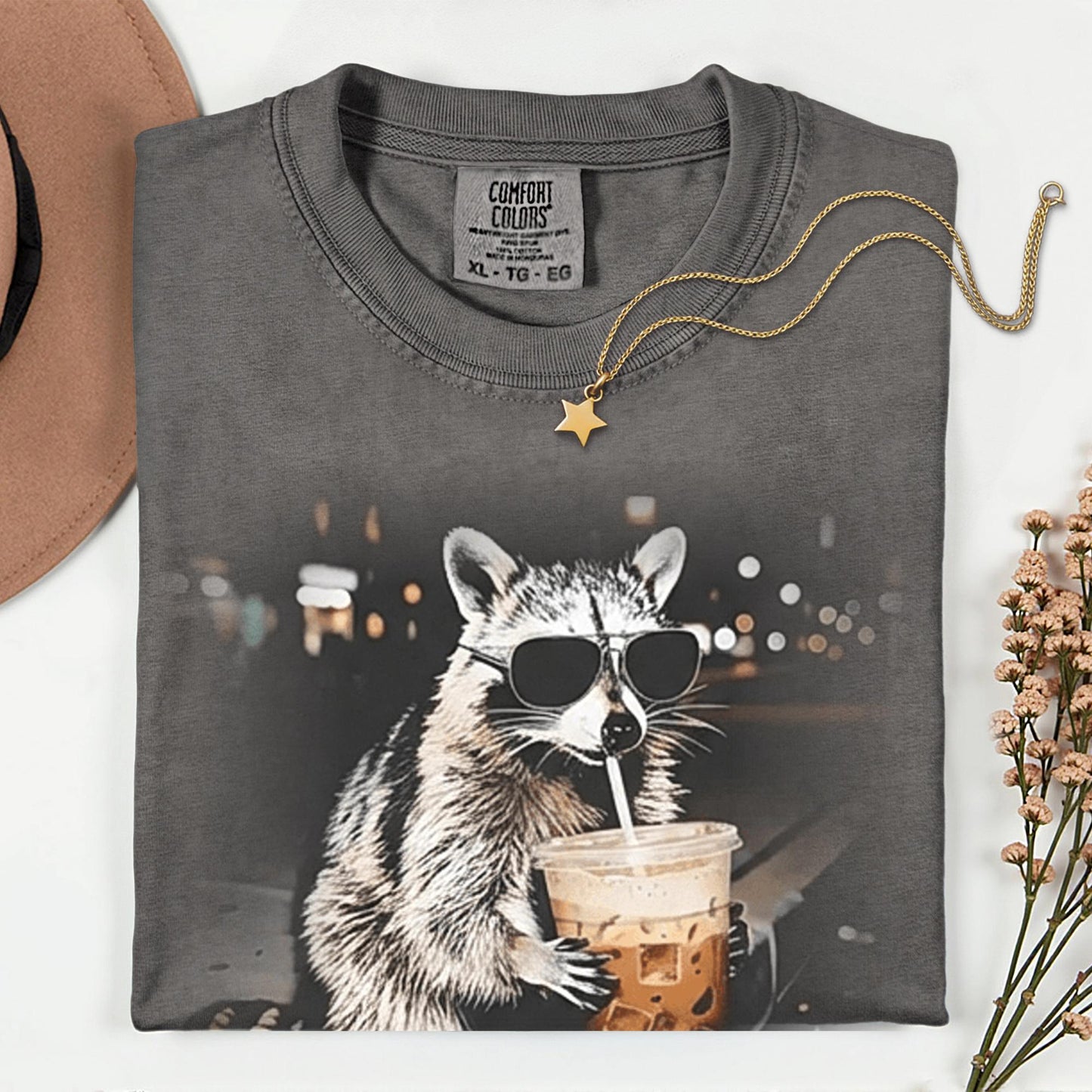 Comfort Colors® Raccoon Drinking Iced Coffee Shirt | Animal Meme Tee | Funny Coffee Lover Raccoon Shirt | Unisex Graphic T Shirt