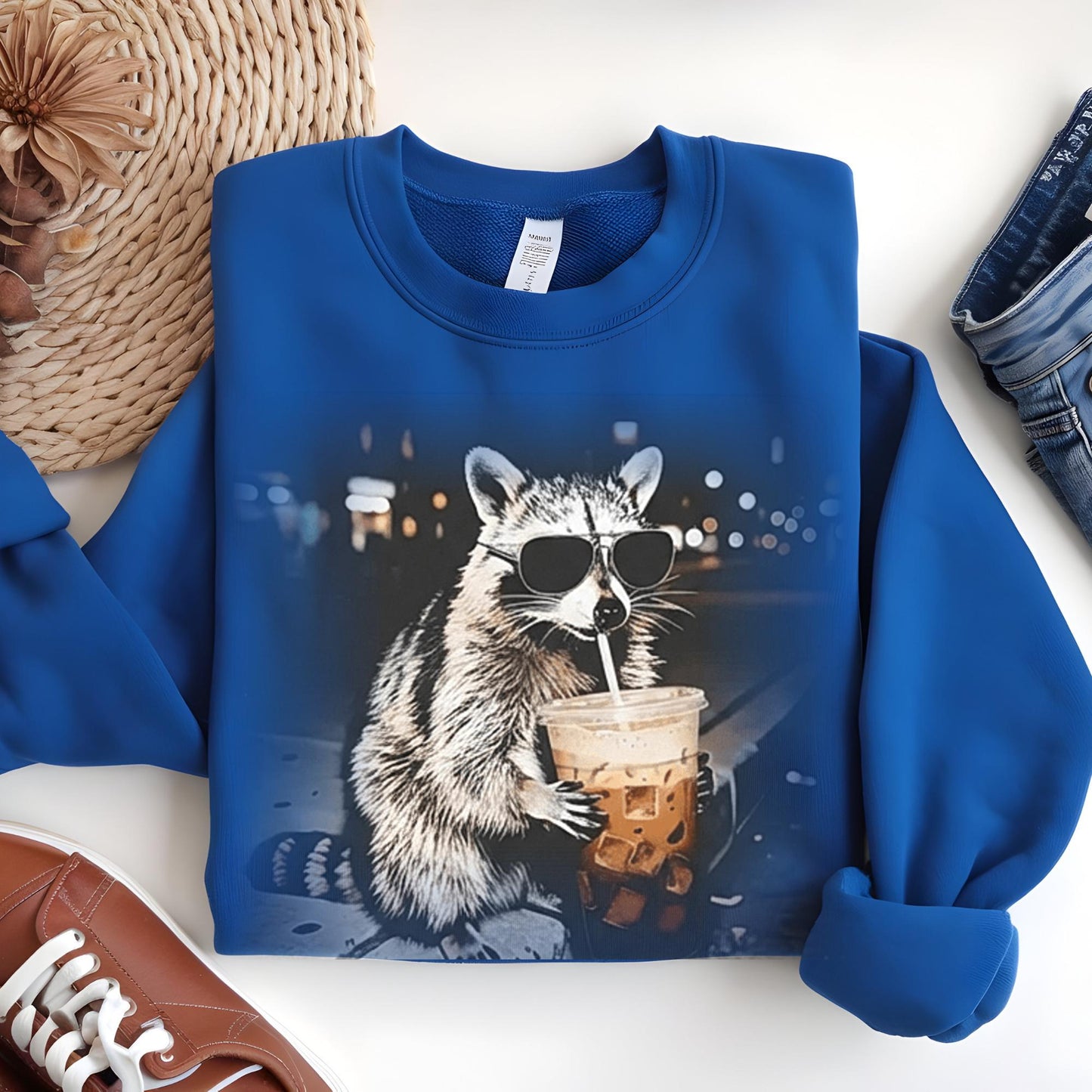 Funny Raccoon Drinking Iced Coffee Sweatshirt, Animal Meme Graphic Sweat, Gift for Men | Women
