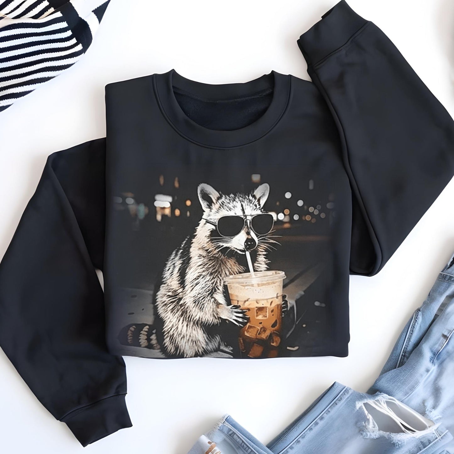 Funny Raccoon Drinking Iced Coffee Sweatshirt, Animal Meme Graphic Sweat, Gift for Men | Women