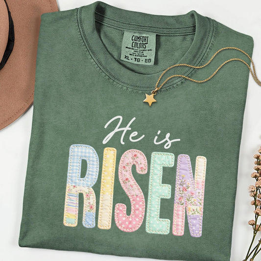 Comfort Colors He Is Risen Shirt, Faux Patchwork Quilted Christian Easter Tee, Retro Faith Graphic T-Shirt, Religious Spring Gift for Women