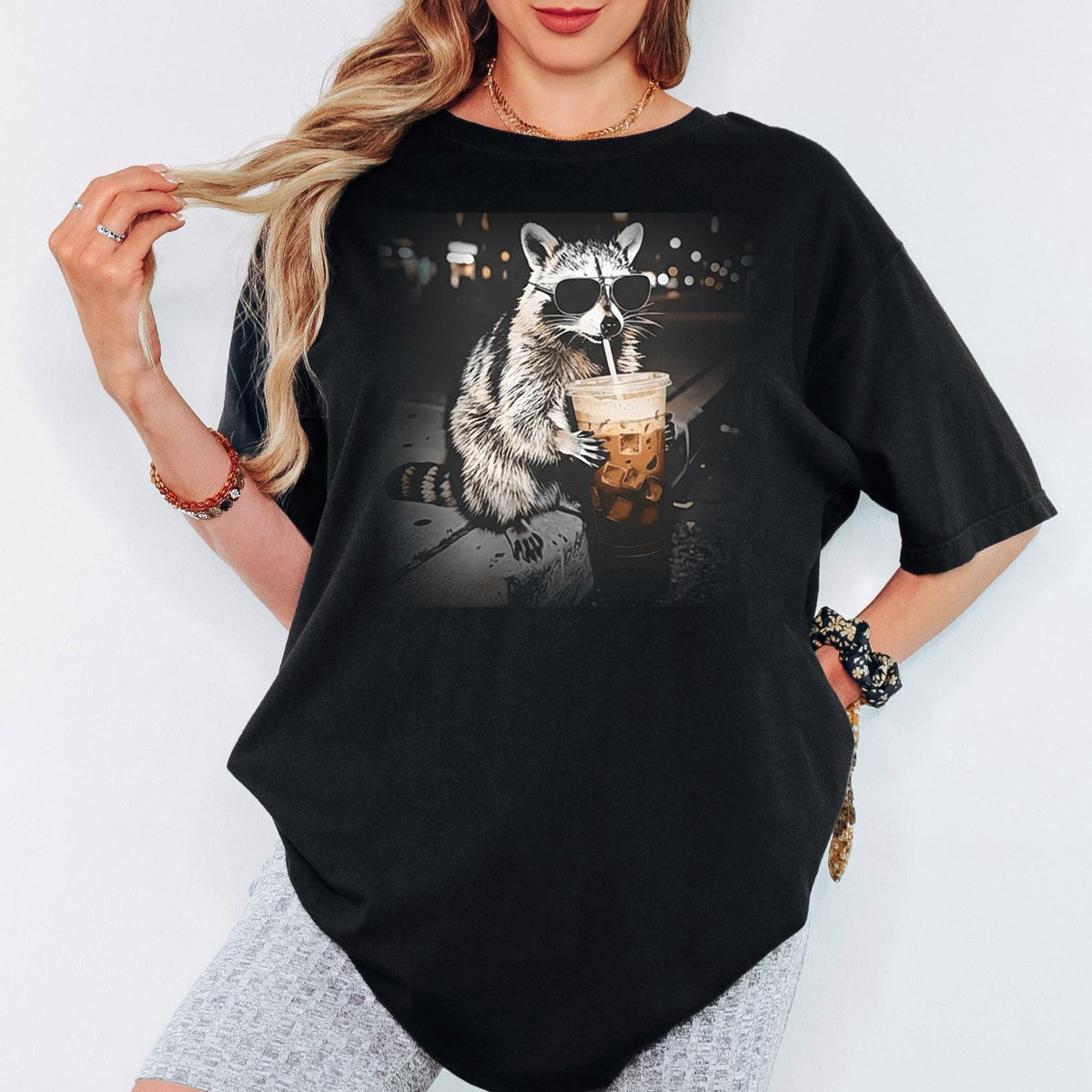 Comfort Colors® Funny Raccoon Iced Coffee Shirt, Cute Animal Meme Graphic Tee, Coffee Addict Unisex T-Shirt