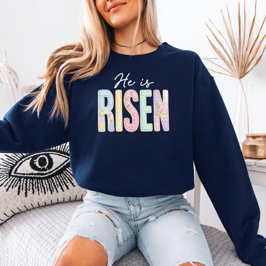 He Is Risen Faux Patchwork Sweatshirt, Retro Quilted Christian Easter Crewneck, Preppy Faith Hoodie, Religious Spring Gift for Women