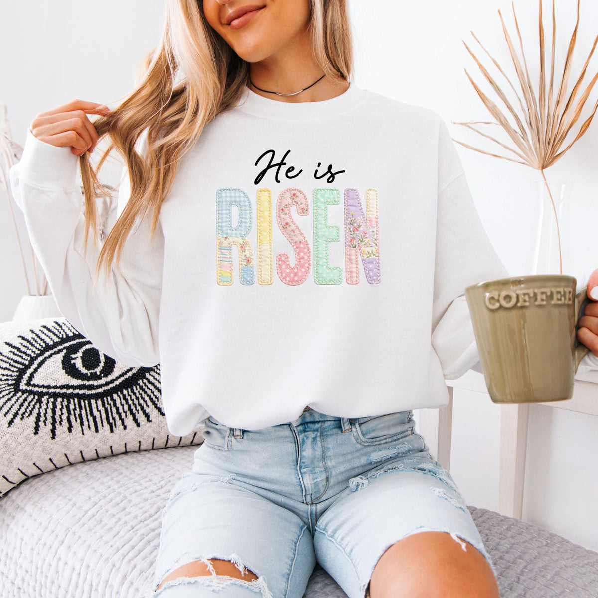 He Is Risen Faux Patchwork Sweatshirt, Retro Quilted Christian Easter Crewneck, Preppy Faith Hoodie, Religious Spring Gift for Women