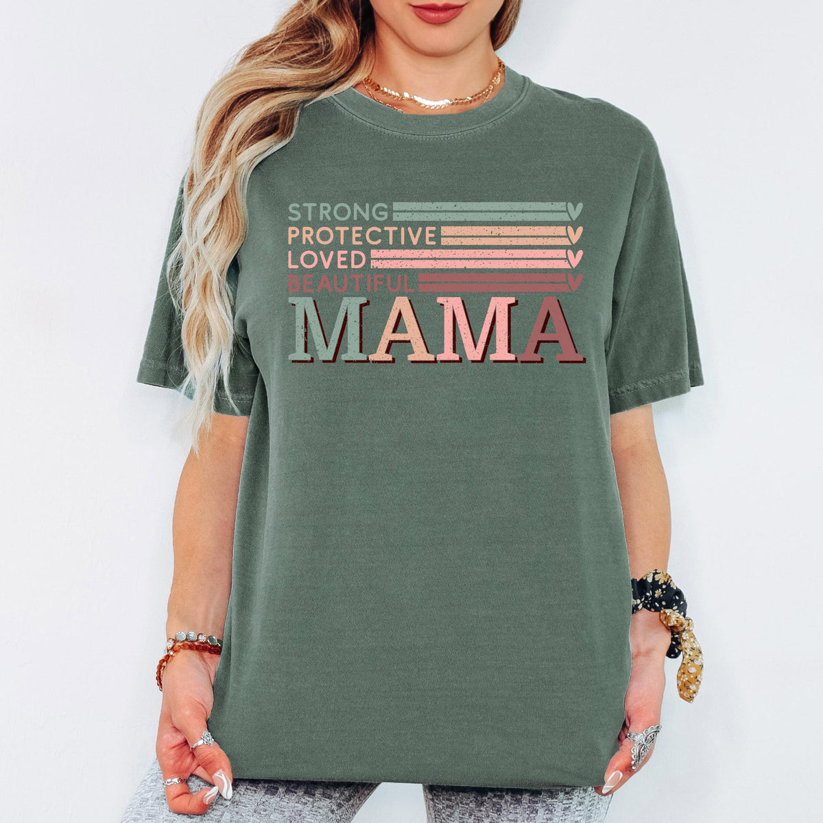 Comfort Colors® Strong Protective Loved Beautiful Mama Shirt, Vintage Retro Mom Graphic Tee, Trendy Mother’s Day Gift T-Shirt