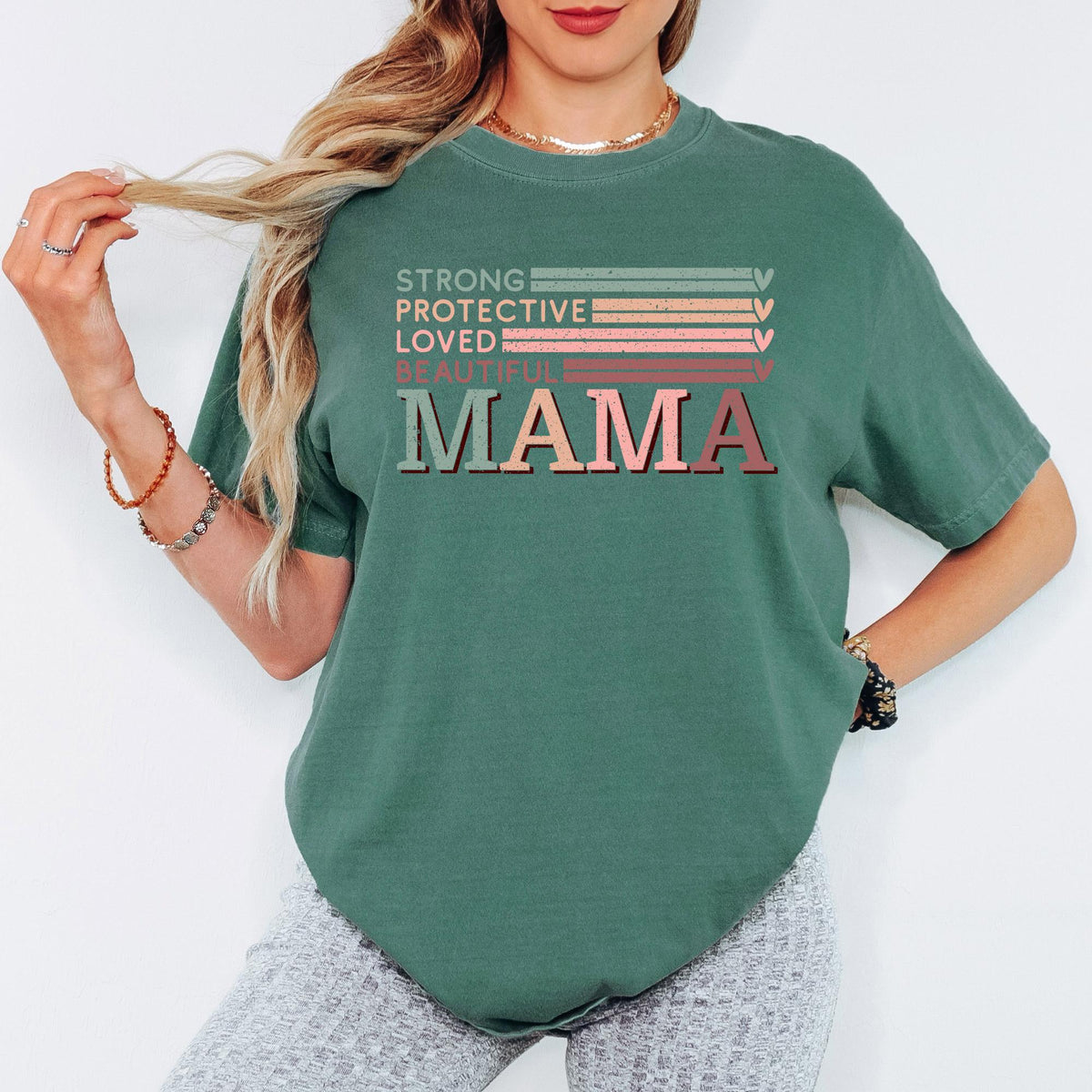 Comfort Colors® Strong Protective Loved Beautiful Mama Shirt, Vintage Retro Mom Graphic Tee, Trendy Mother’s Day Gift T-Shirt