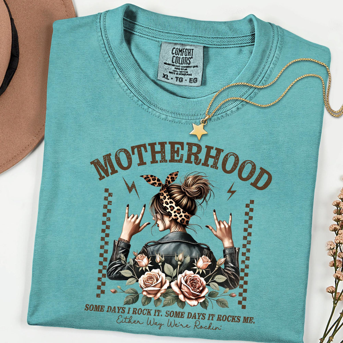 Comfort Colors® Motherhood Rocking Tee, Some Days I Rock It, Some Days It Rocks Me Mom Shirt, Trendy Womens Crewneck, Edgy Mom Life Shirt