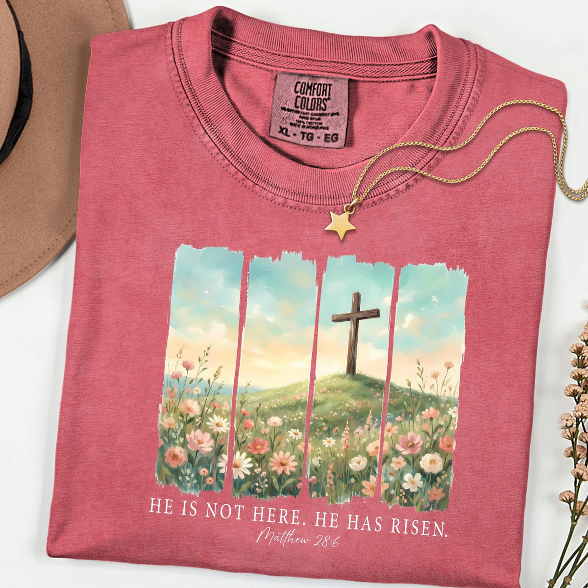 Comfort Colors® He Is Not Here He Has Risen Tee, Floral Christian Easter Shirt, Scripture Faith Graphic, Religious Gift