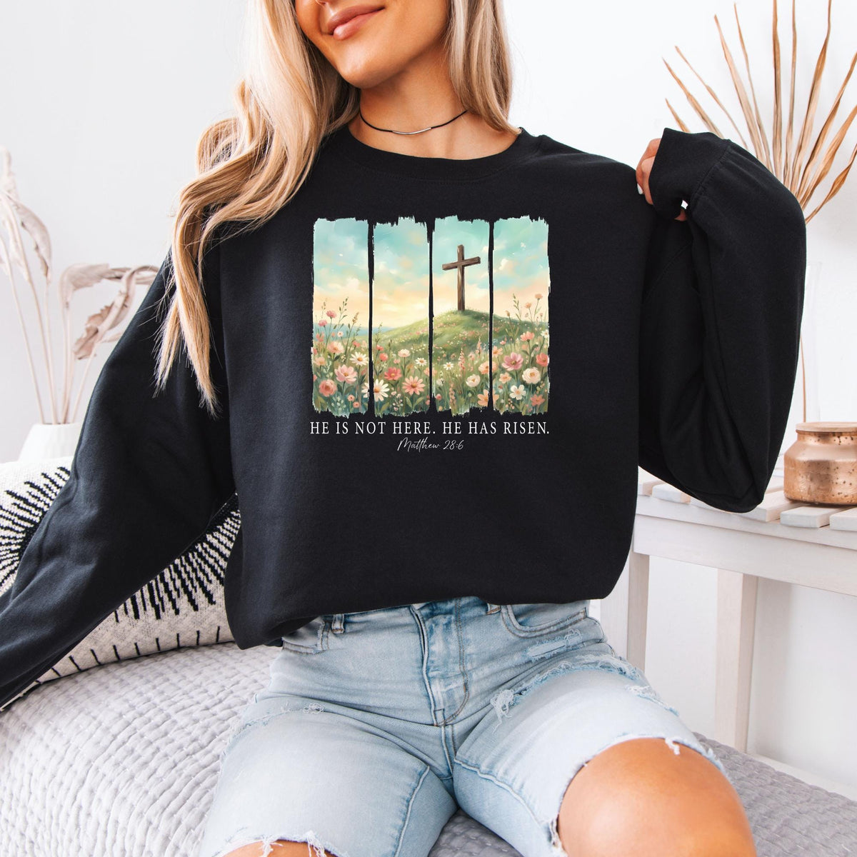 He Is Not Here He Has Risen Sweatshirt,  Christian Easter Bible Verse Crewneck, Faith-Based Jesus Gift, Religious Spring Pullover