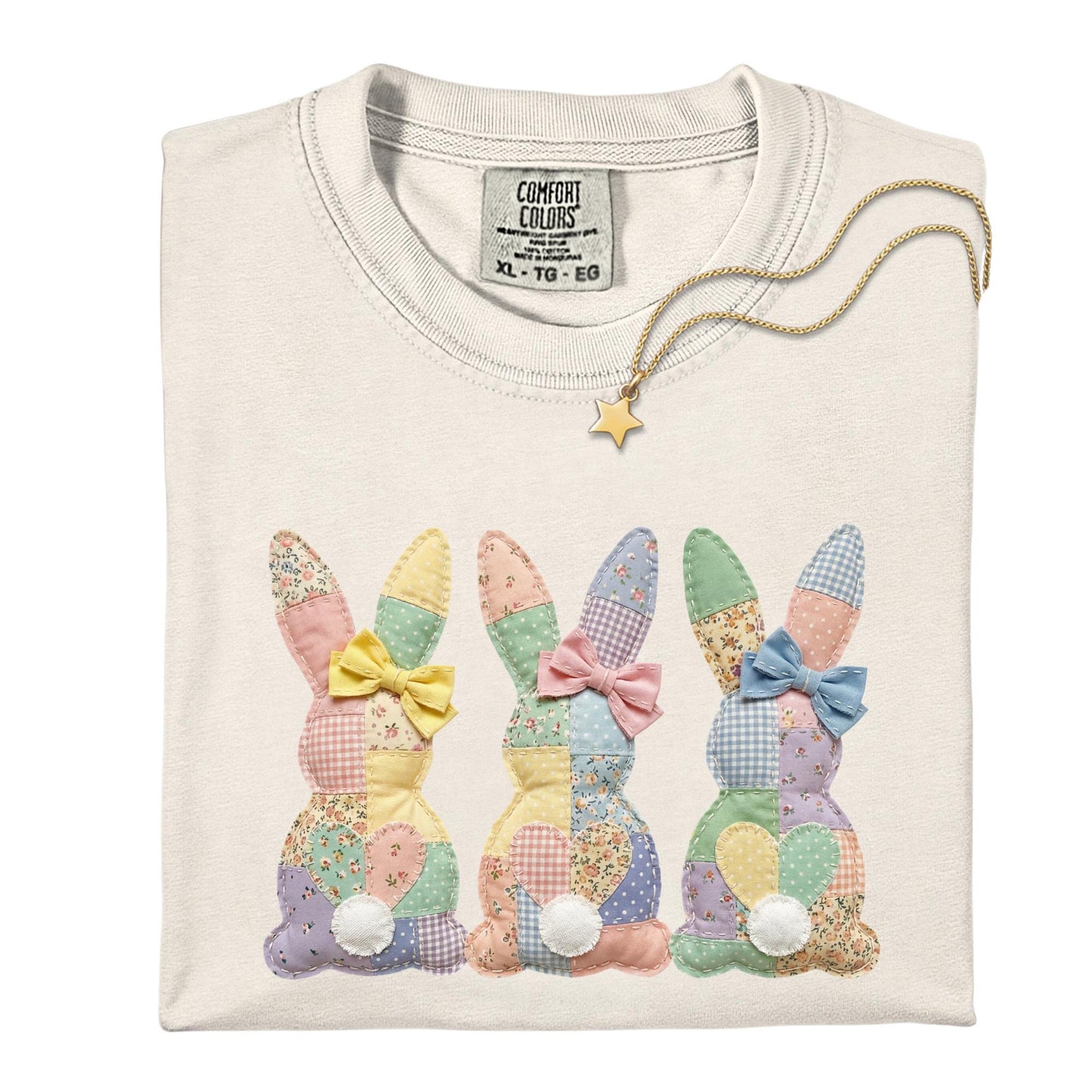 Comfort Colors® Easter Patchwork Bunny Shirt, Coquette Easter Shirt, Floral Faux Patchwork Bunny