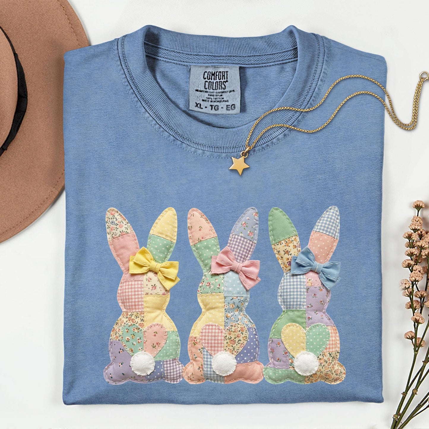 Comfort Colors® Easter Patchwork Bunny Shirt, Coquette Easter Shirt, Floral Faux Patchwork Bunny